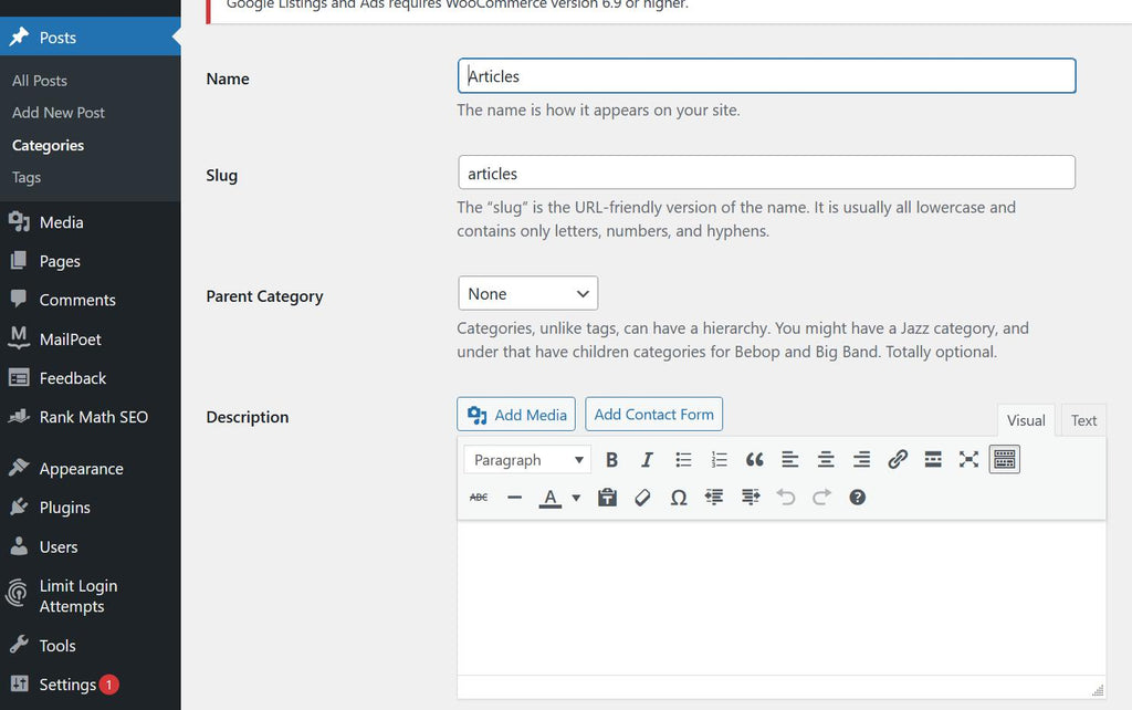 Screenshot of the process of editing a category name, description, and slug in WordPress
