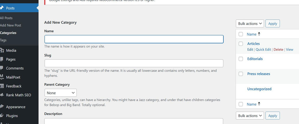 Screenshot demonstrating how to edit category name, description, and slug in WordPress