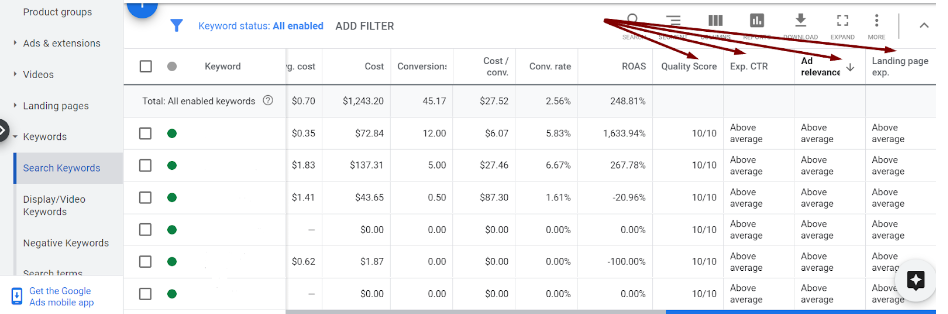 Screenshot of keyword analysis.