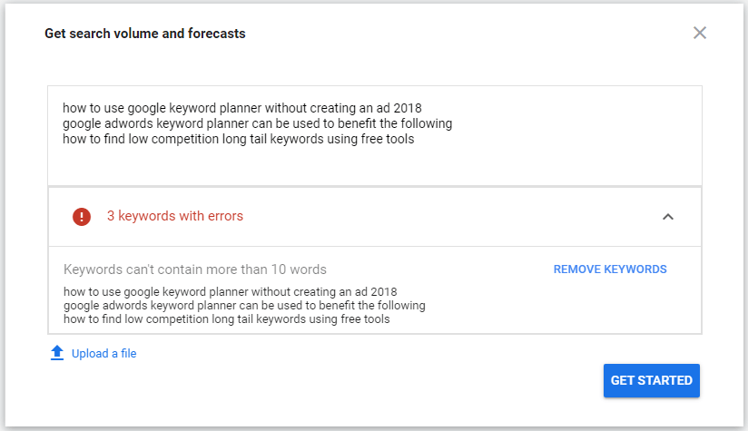 Keyword Planner 10 words limit warning