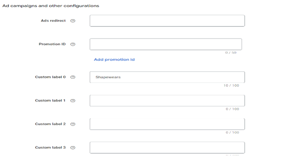Google Merchant Center: Custom label form under 'Ad campaigns and other configurations', offering up to 5 numbered custom labels.