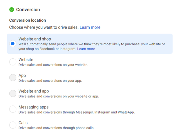 Screenshot showing conversion location settings with website and shop options checked