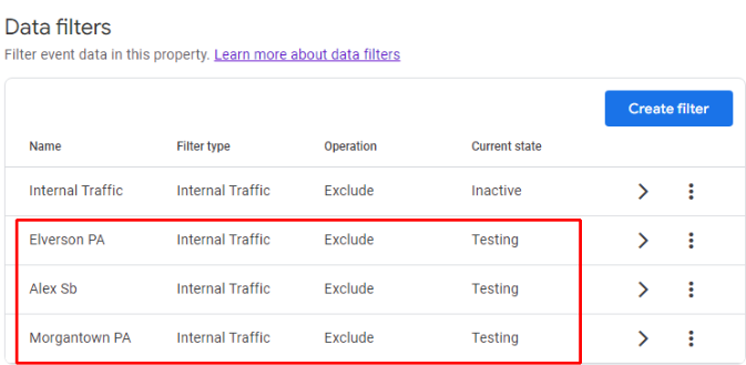 Screenshot: highlighted new data filters