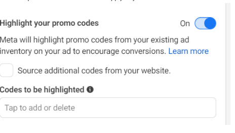 Screenshot highlighting the promo code option in the carousel ad creation interface