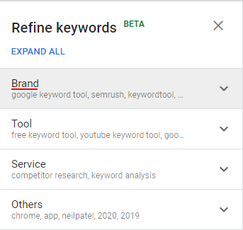 Refine Keywords sidebar filter