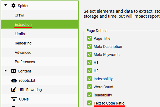 Screenshot of Screaming Frog's page details panel displaying the text to code ratio metric selected