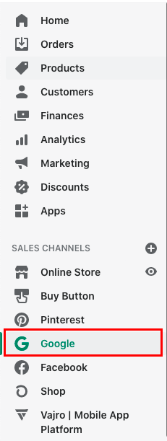 Accessing shopify admin sales channels and selecting 'Google'