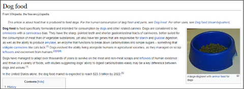 Screenshot of wikipedia article about dog food