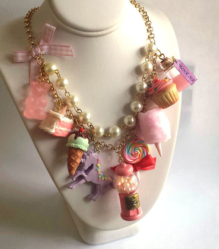 Pink Candy Necklace, Pink Charm Statement Necklace, Pink Donut