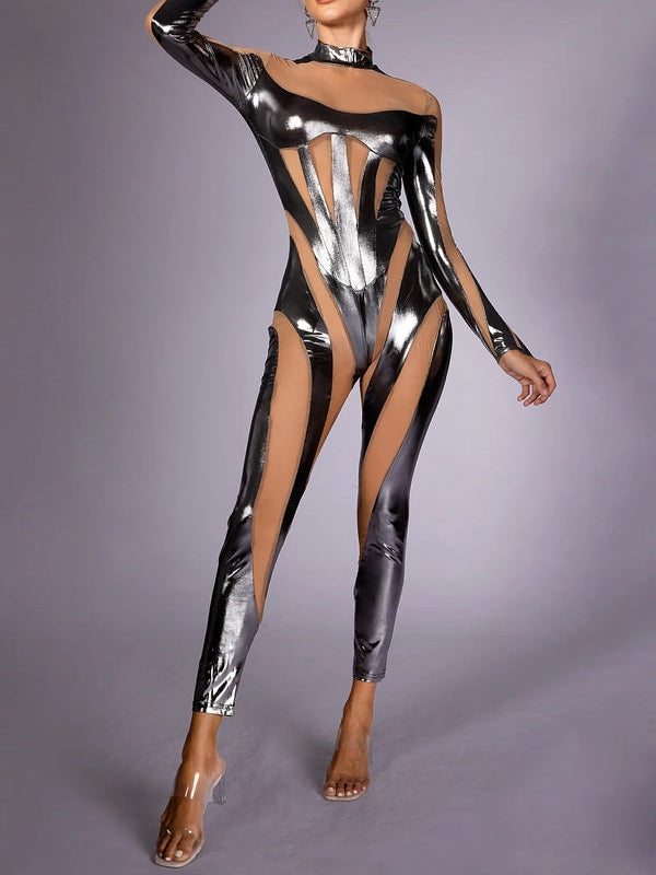 ZASUWA Female Glossy Faux Leather Mesh Jumpsuit