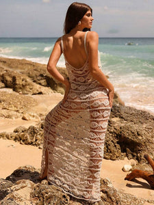 ZASUWA Female Sexy Fishnet Backless Swimwear Cover Long Dress