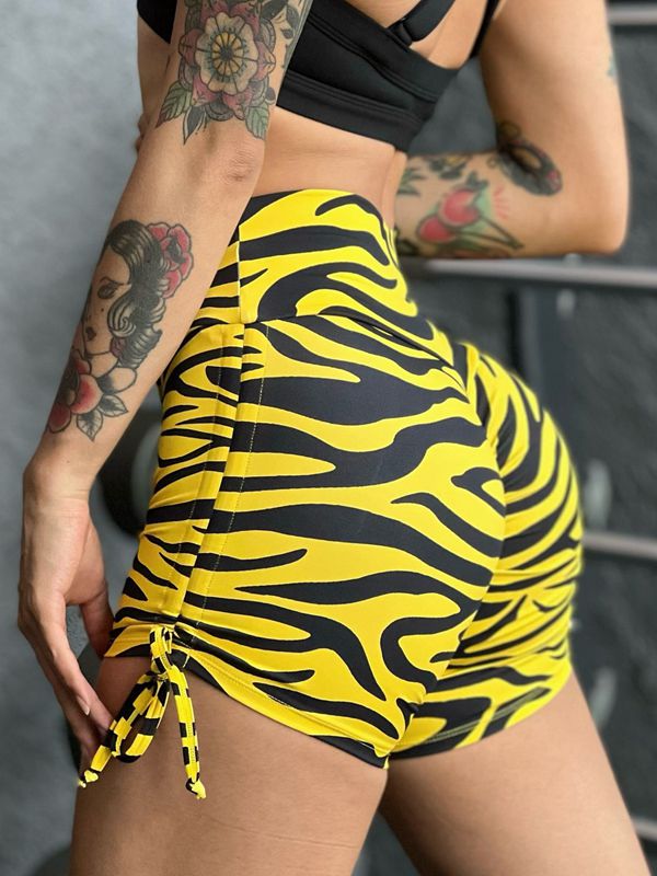 ZASUWA Female Unique Tiger Print V-shape Waist Scrunch Bum Drawstring Spandex Gym Booty Shorts