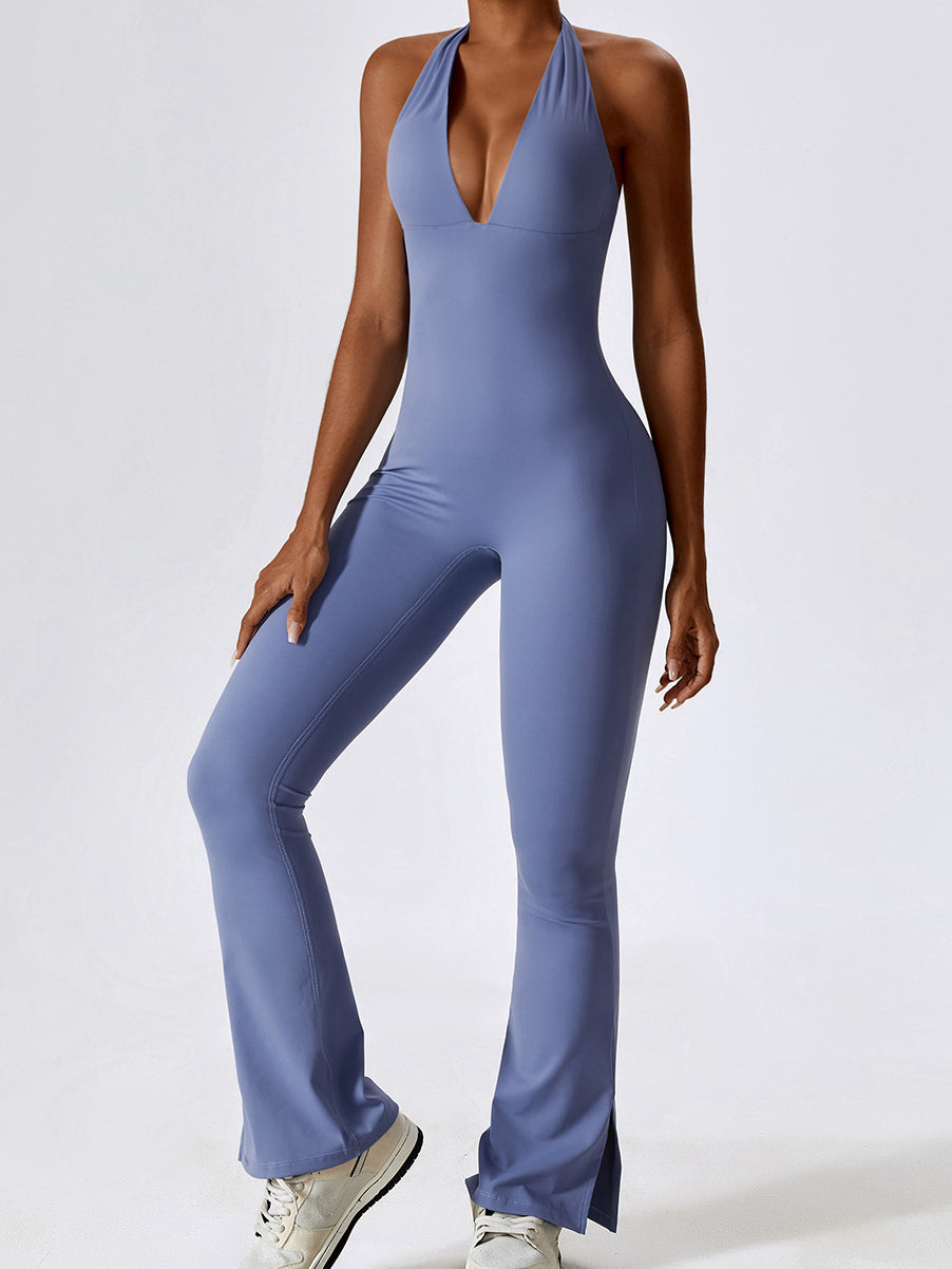 ZASUWA Female V Collar Halter Flare Split Jumpsuit