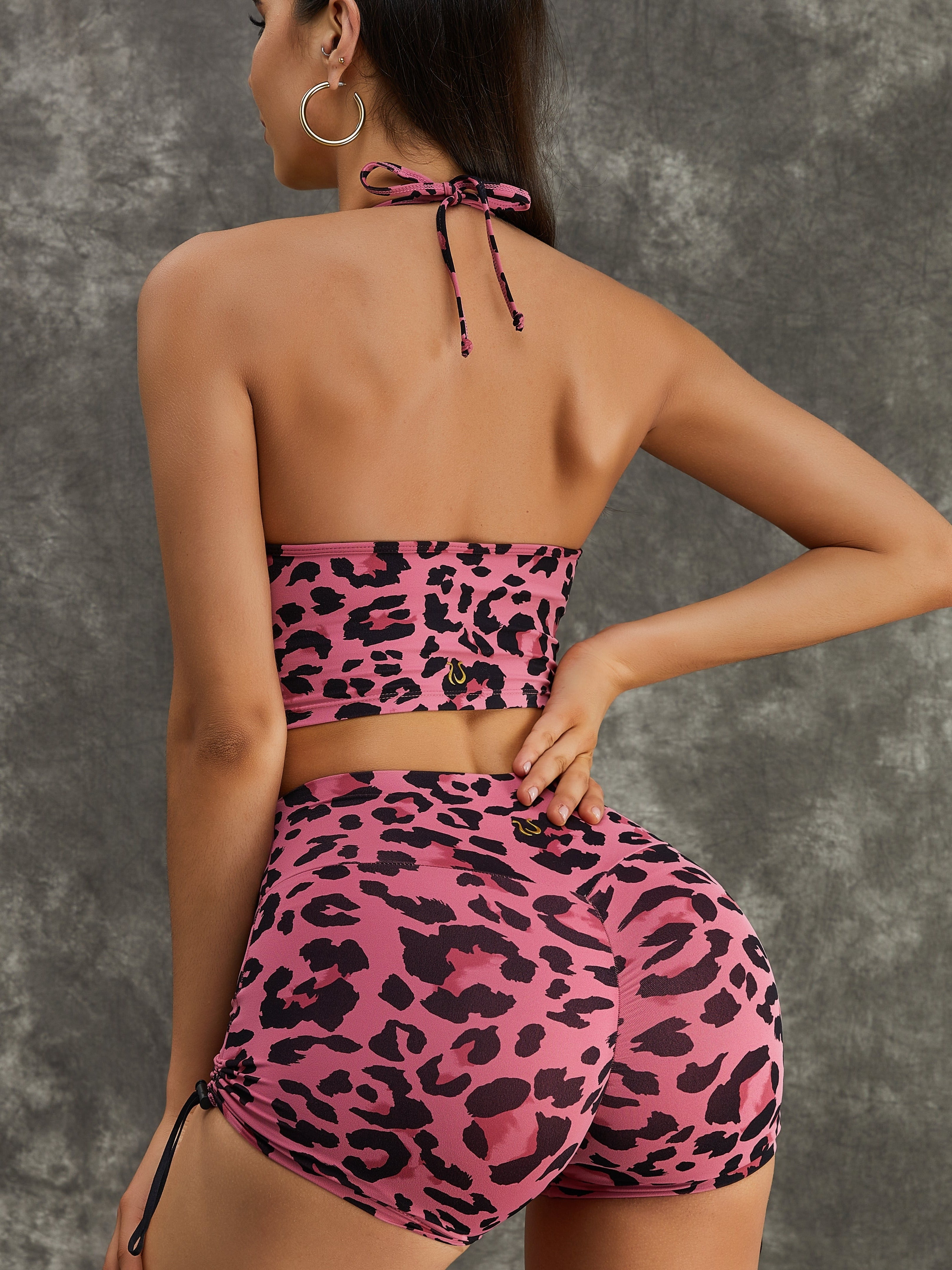 ZASUWA Female Leopard Print Hollow Out Halter Scrunch Bum Short Tracksuit