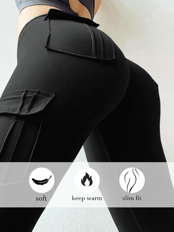 ZASUWA Female Faux Leather Pocket Scrunch Bum Cargo Leggings