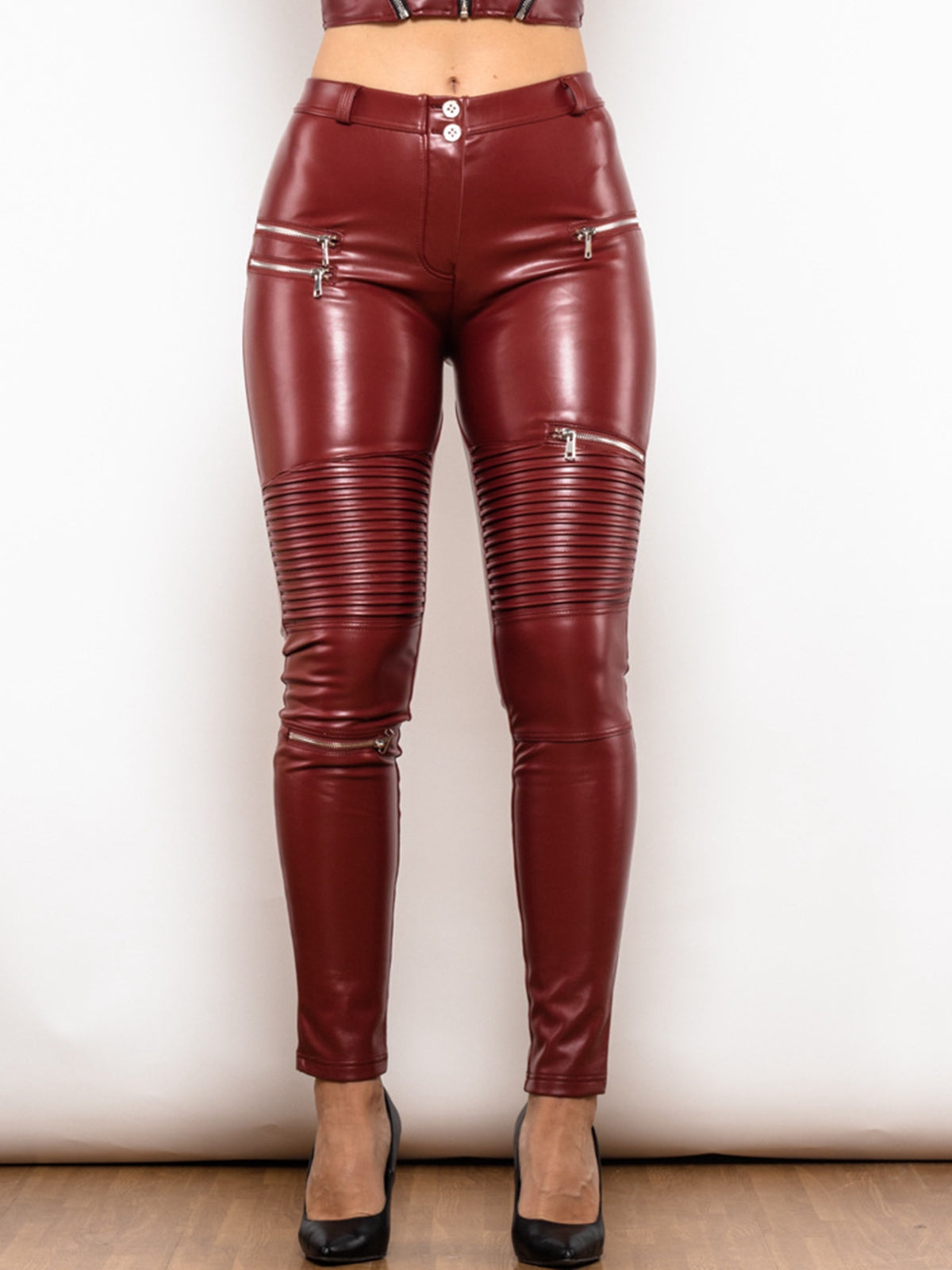 ZASUWA Female Glossy Zipper Pocket Folds Hip-lift Leggings