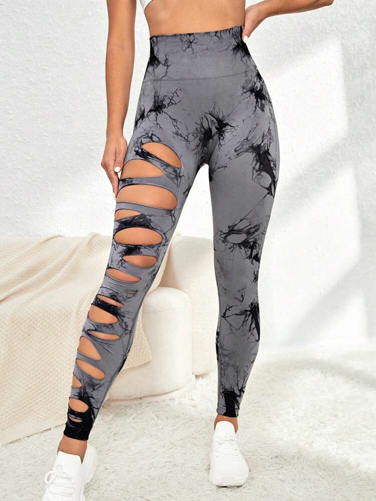 ZASUWA Female Hot Tie-dye Hollow Out Scrunch Bum Leggings