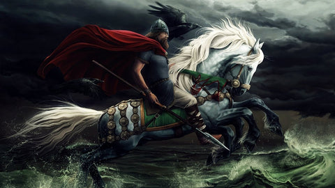 odin and his ravens on the back on the orse with 8 legs Sleipnir running on water