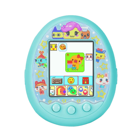 Tamagochi azul con diseño de personajes animados. En la pantalla se muestra el juego.