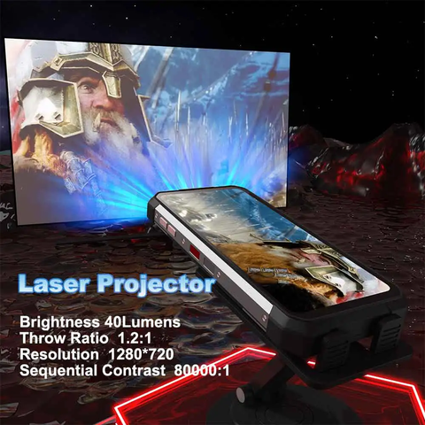 Celular posicionado sobre base, proyectando un video. En el lado inferior derecho de la imagen se explica en inglés que incluye un laser proyector.