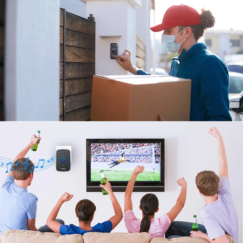 En la parte superior de la imagen, se muestra un repartidor con una caja tocando el timbre afuera de una casa. En la parte inferior, se muestra una familia celebrando un partido de futbol mientras suena el timbre.