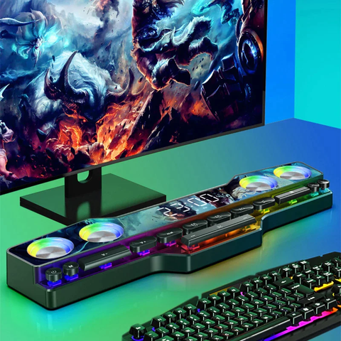 Barra de sonido con luz LED, conectada a una PC Gamer.