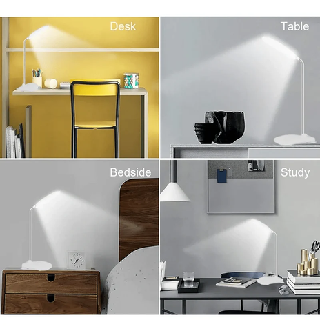 En la parte superior izquierda, hay una lámpara iluminando un escritorio pequeño. En la parte superior derecha, hay una lámpara iluminando un buró. En la parte inferior izquierda, hay una lámpara iluminando una cama. En la parte inferior derecha, hay una lámpara iluminando un escritorio grande.