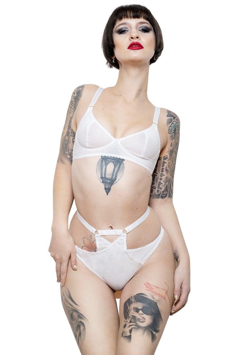 MIDNIGHT CROSS set in white mesh by ColieCo Lingerie