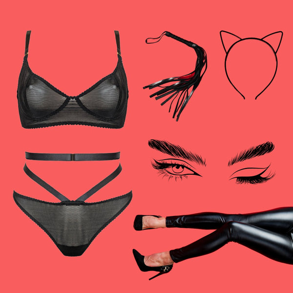 A lingerie inspired Halloween costume idea for a sexy catwoman