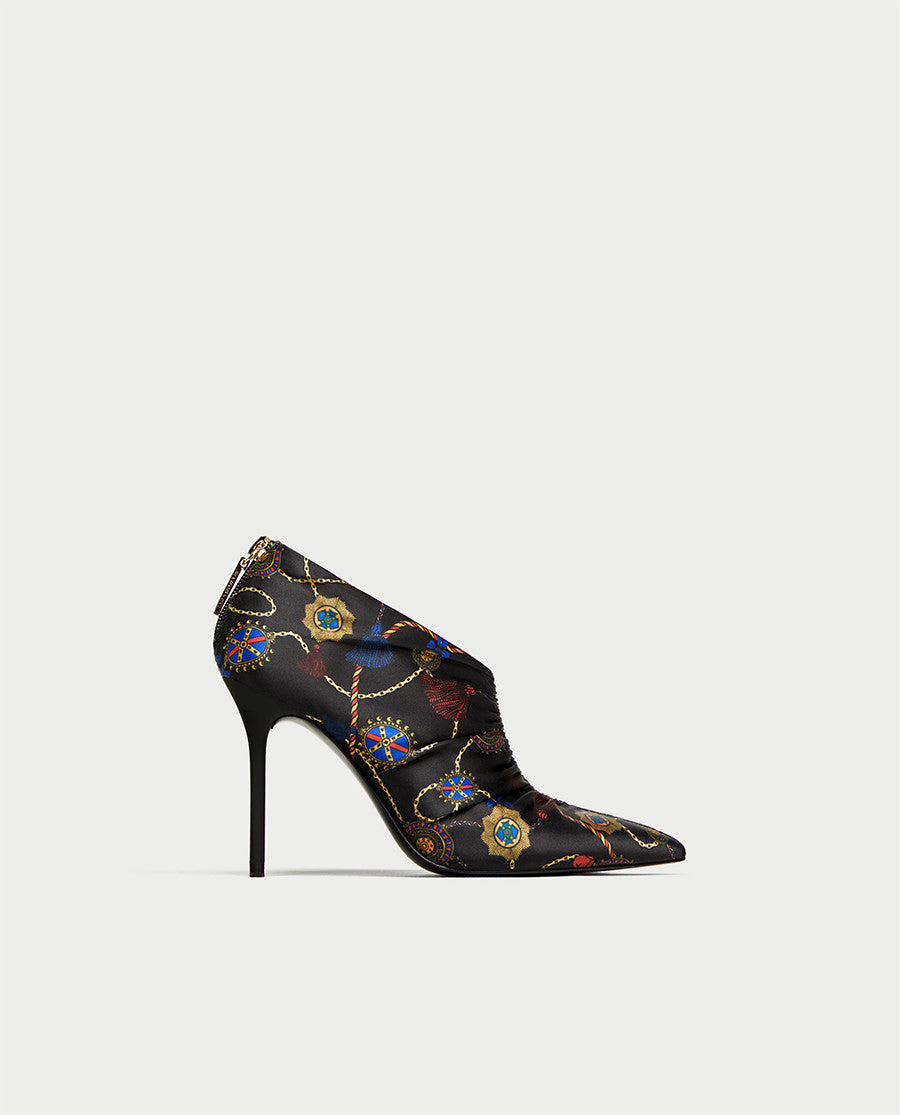 Printed High Heel Ankle Boots With Gathering