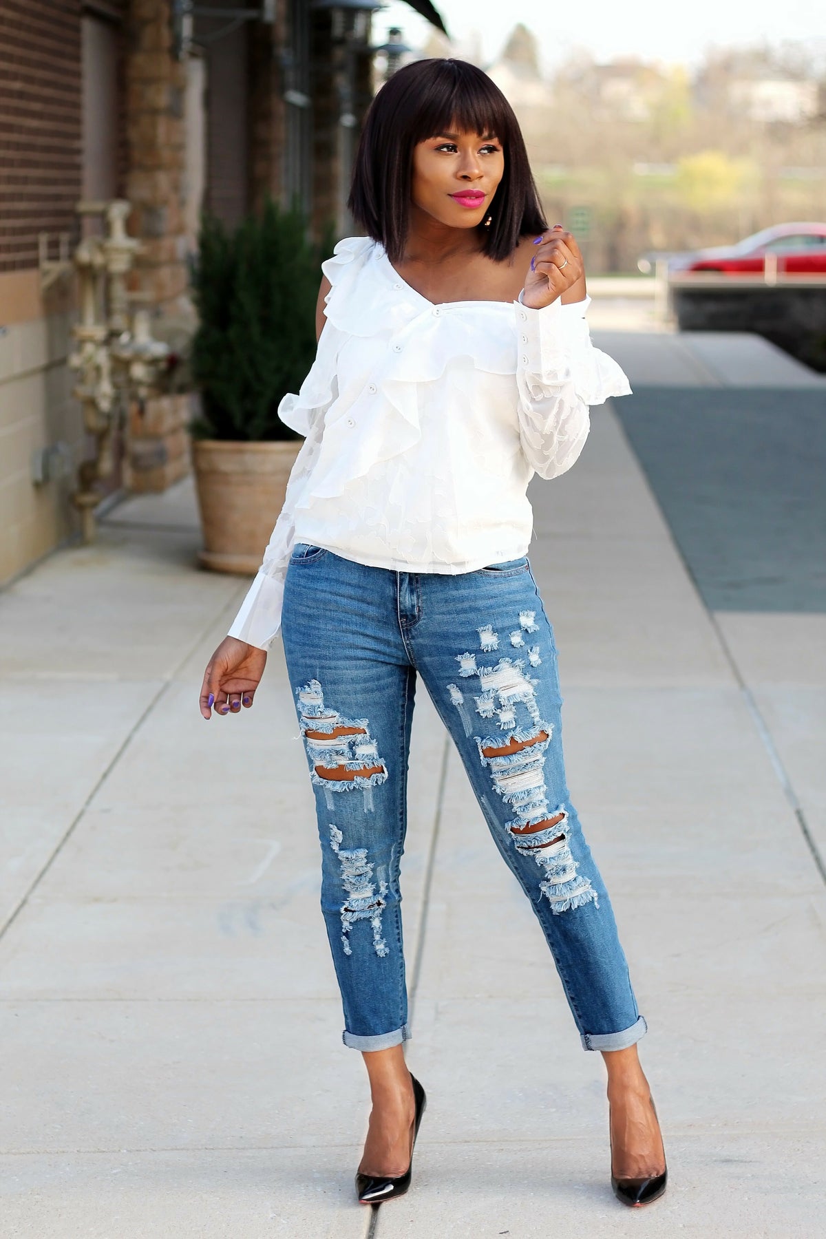 outfit post: white floral lace shell, blue cropped pants, nude wedges ( Outfit Posts)