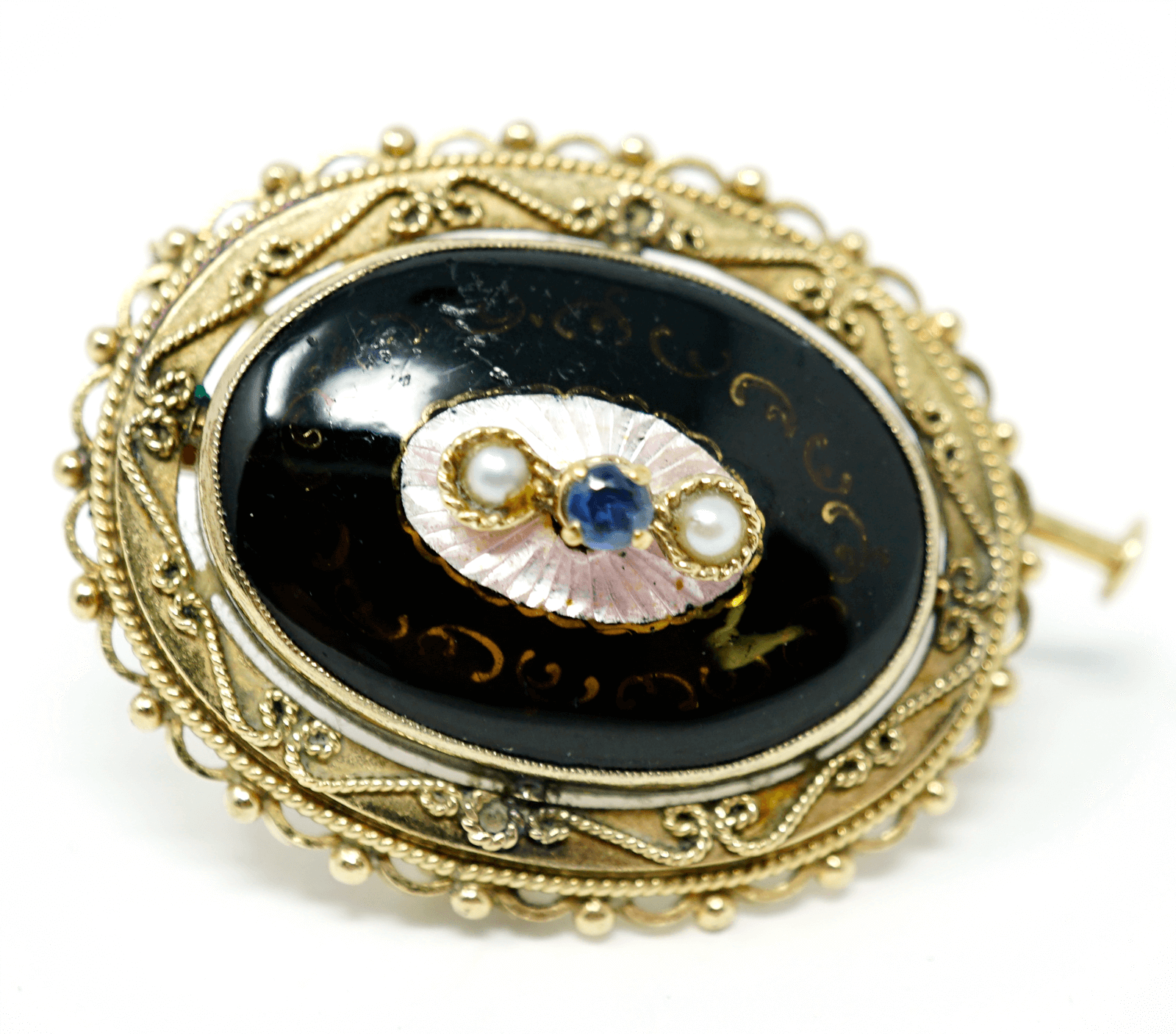 Download 14k Solid Yellow Gold Enamel with Pearl & Sapphire Brooch ...