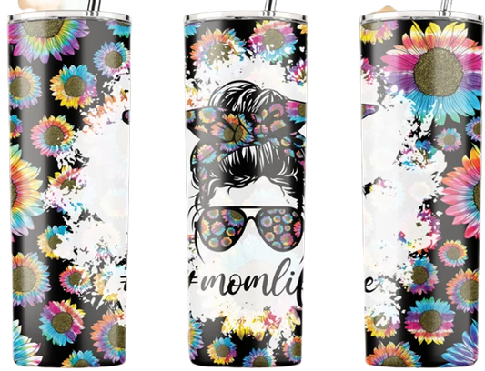 Mom Life Best Life Leopard Sunflowers Teal 20 oz insulated tumbler