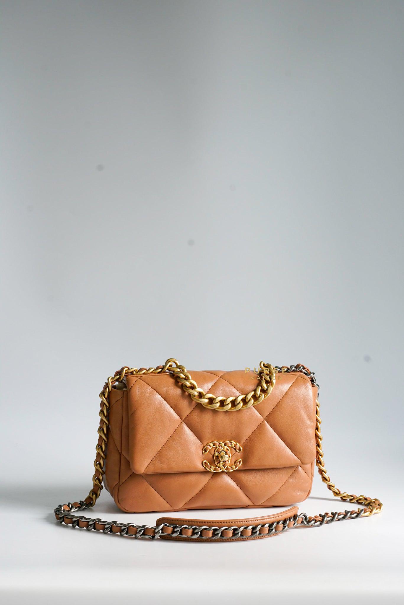 Chanel 19 Small Caramel Flap Bag in Lambskin Aged Gold HW