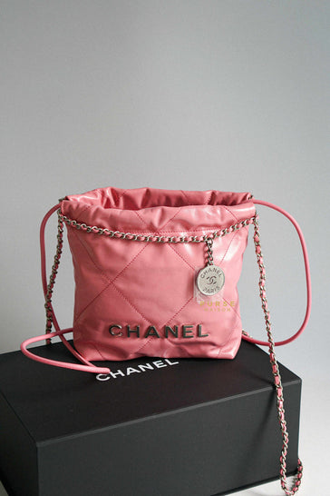 Chanel Mini 22 Pink Shiny Calfskin in Silver Hardware