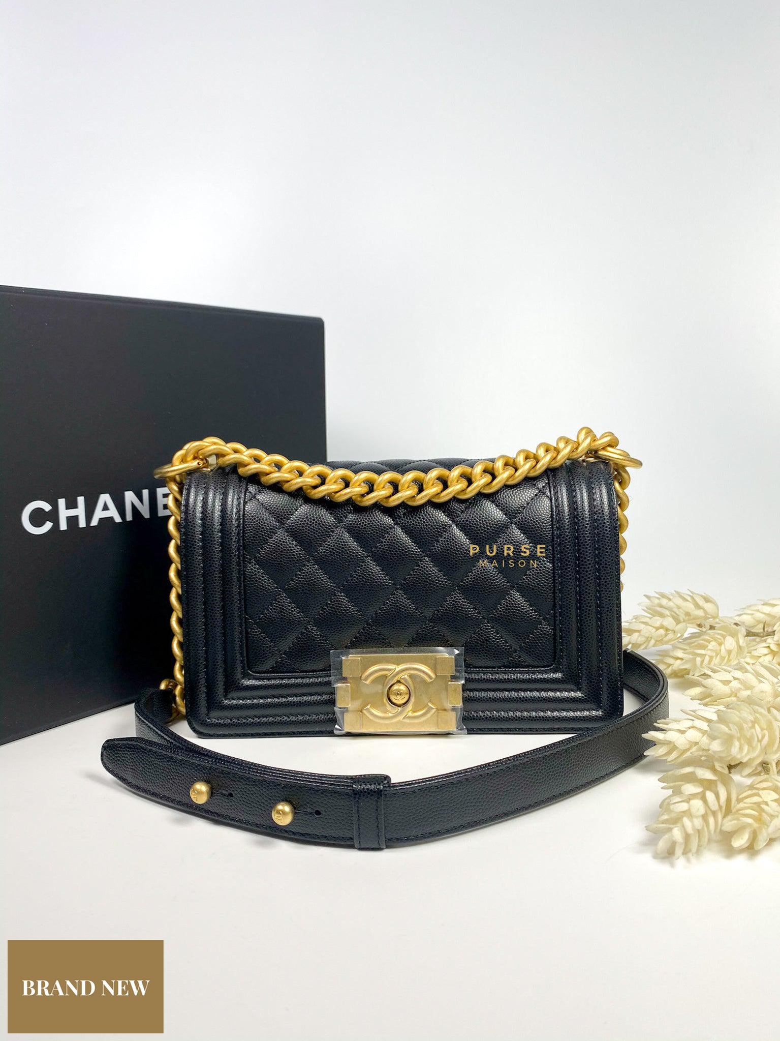 Chanel Boy Small Quilted Caviar Aged Gold Hardware (microchip)