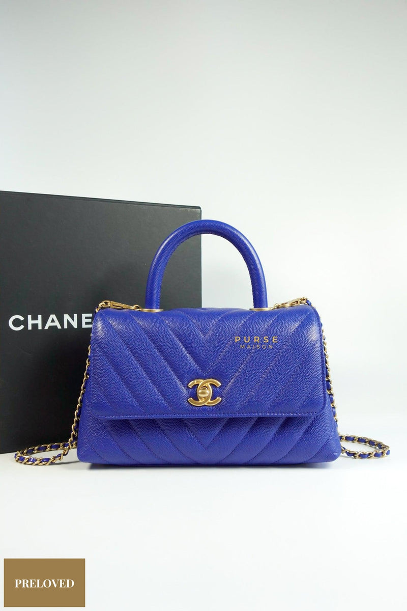 Chanel Coco Handle Small Chevron Caviar & Aged Gold Hardware Series 25  (Royal Blue)