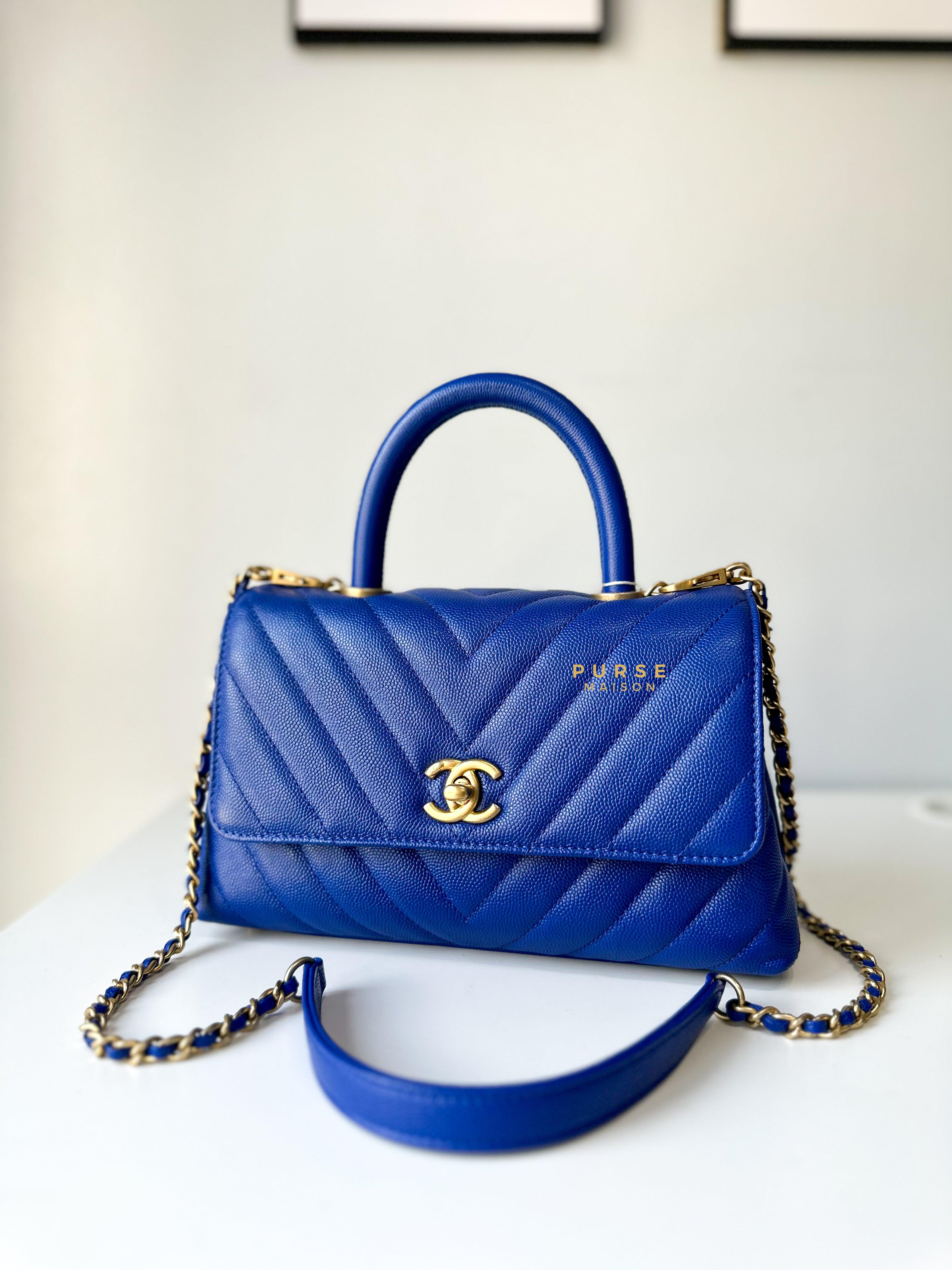 Chanel Coco Handle Small Chevron Caviar & Aged Gold Hardware Series 25  (Royal Blue)