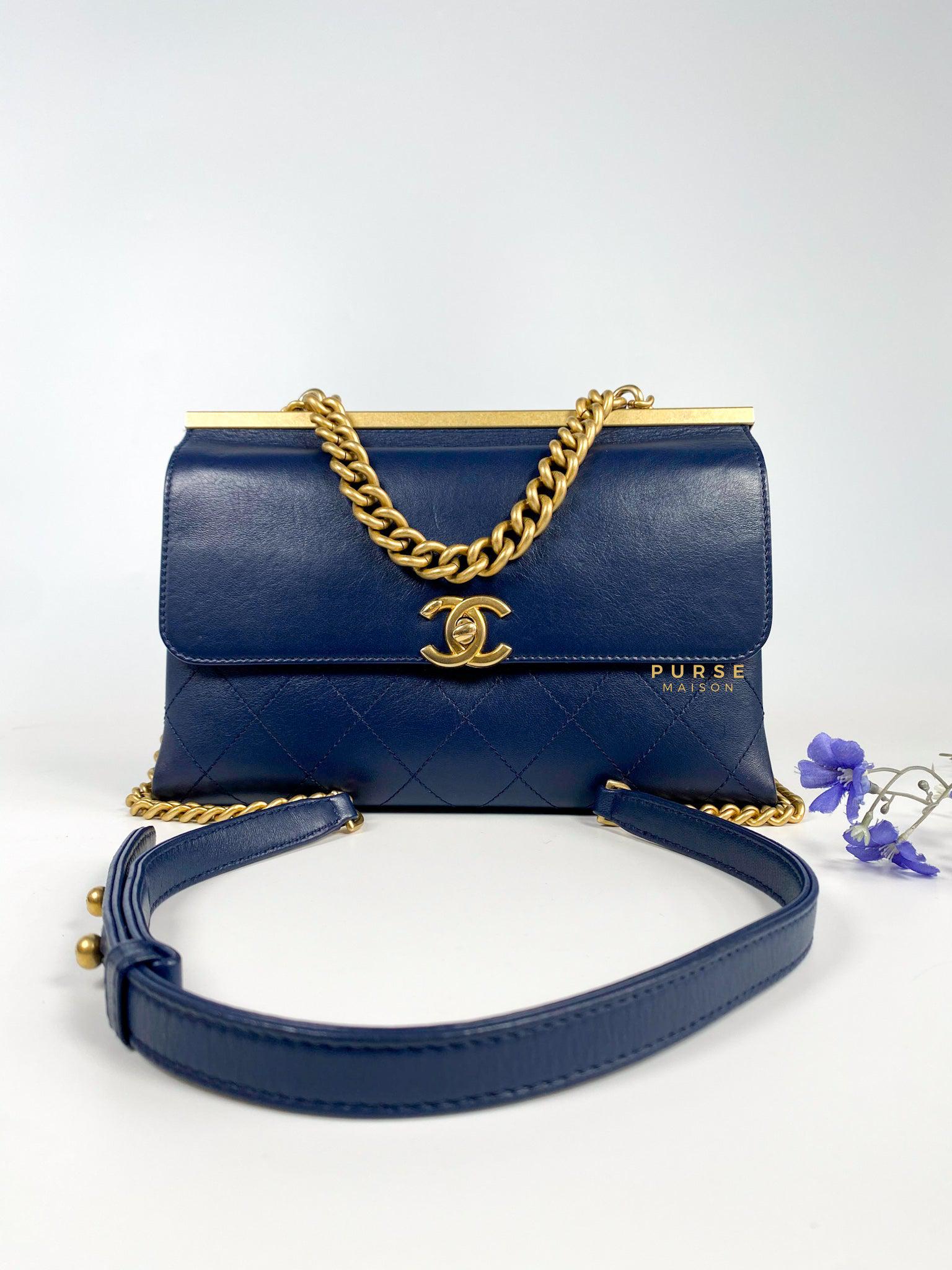 Chanel Small Coco Luxe Calfskin Navy Blue Aged Gold Hardware Series 28