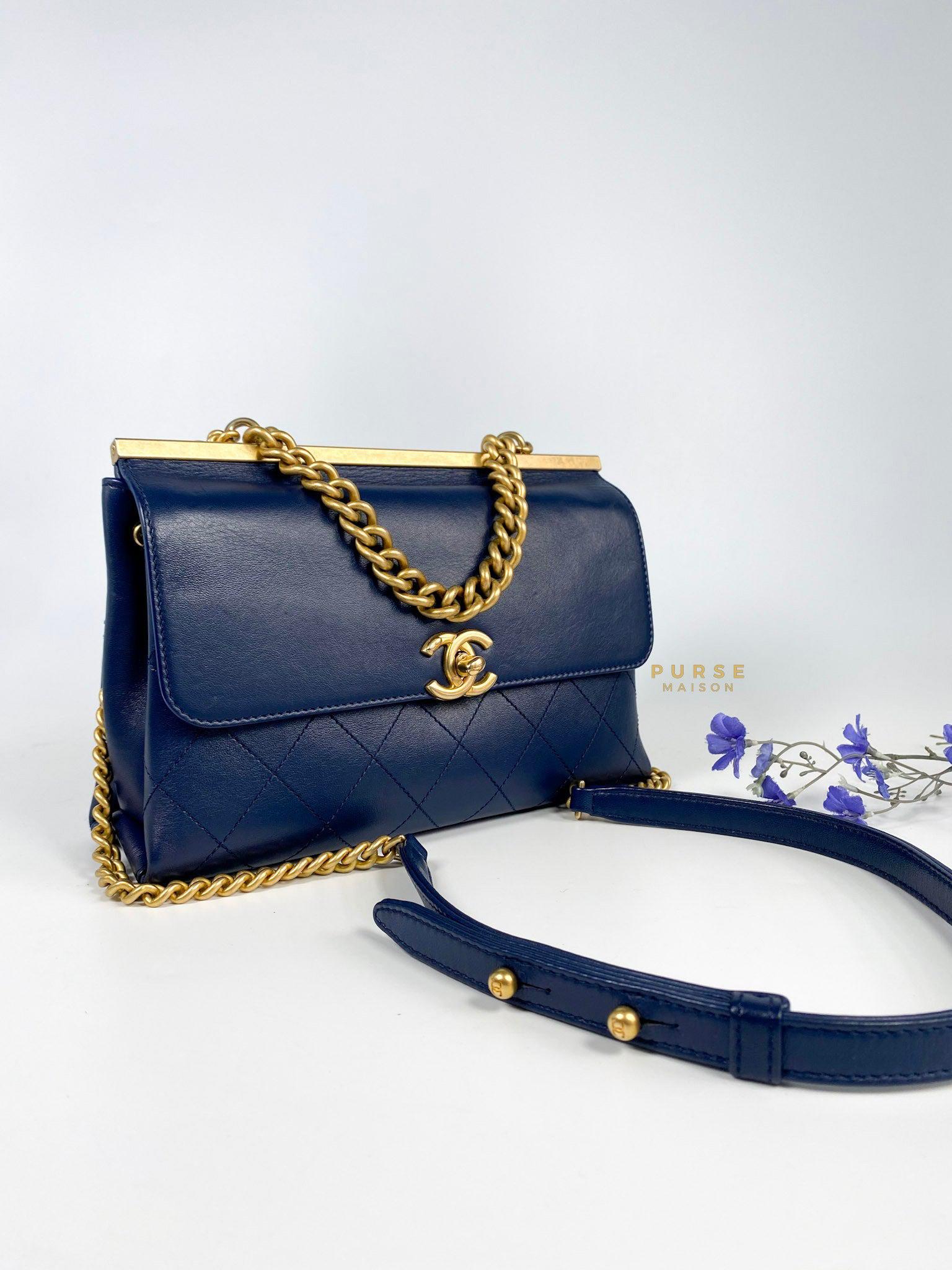 Chanel Small Coco Luxe Calfskin Navy Blue Aged Gold Hardware Series 28