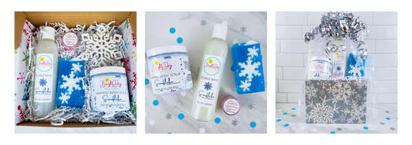 snowflake gift set: 3 photos of bubble bath, whipped body scrub, lip balm & soap in gift box & gift basket