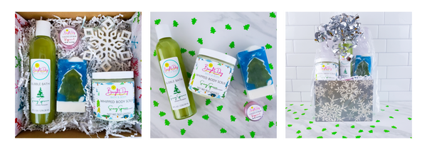 Snowy Spruce gift set: 3 photos of bubble bath, whipped body scrub, lip balm & soap in gift box & gift basket