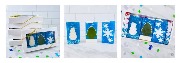 3pc soap gift set: snowman, snowflake, snowy spruce in a white gift box