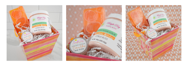 Citrus Bliss Gift Set images. Soap, Body Scrub & Lip Balm in Decorative Box.