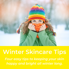 Winter Skincare Tips: four easy tips to keep your skin happy and bright all winter long. Woman in knitted hat and scarf in the snow