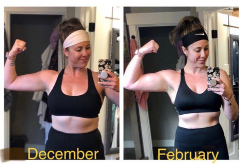 Woman flexing arm in two photos: December, February