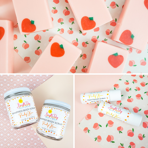 A photo collage of Peachy Keen Collection products