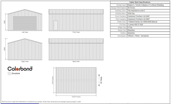 Large shed with 5m wide roller door 3m high