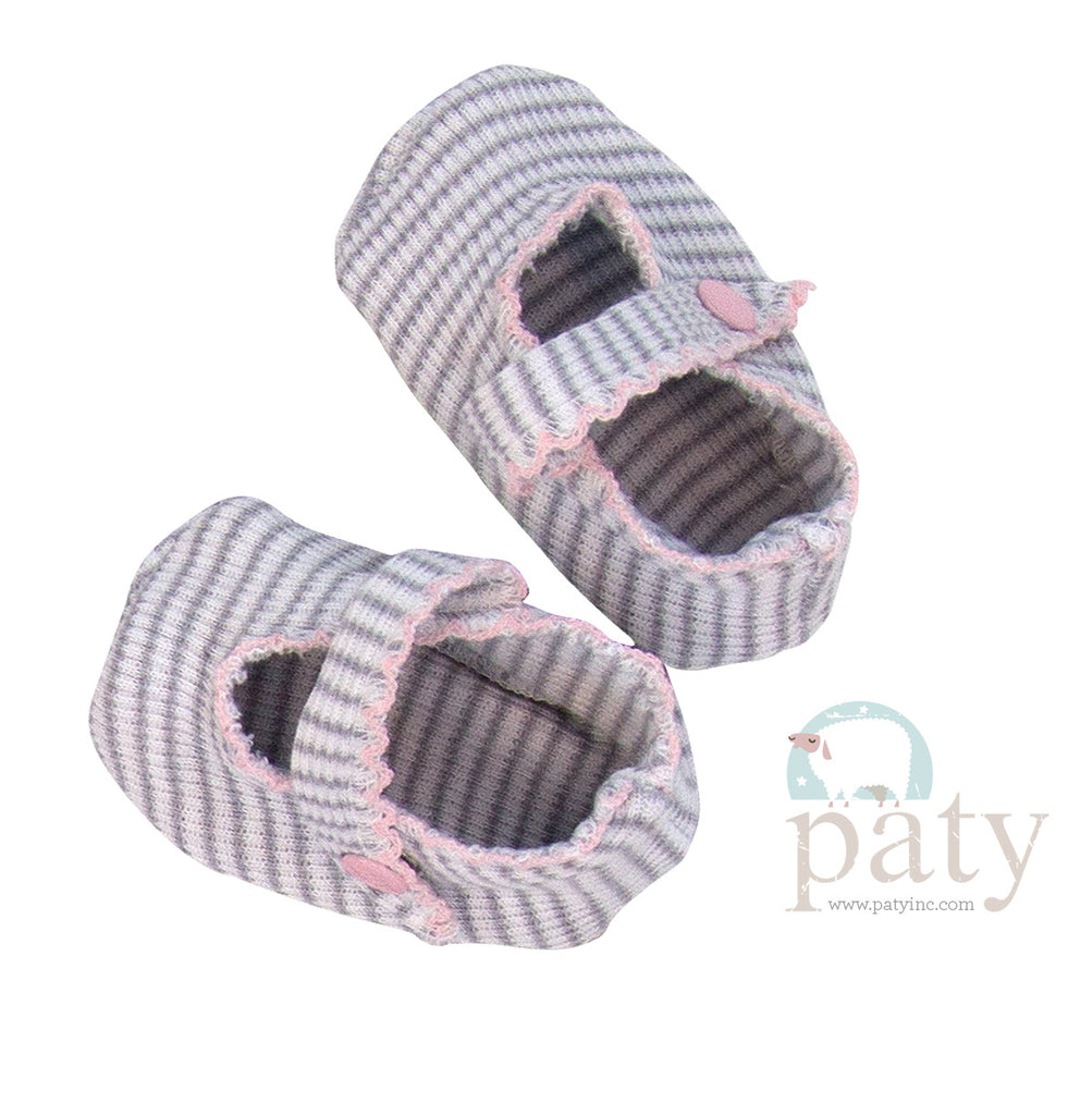 KNIT CRIB SHOES - GREY WITH PINK TRIM - Made by McNamara