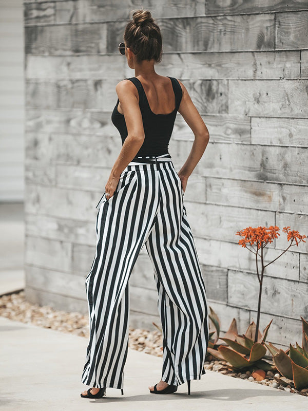 black wide leg pants with white stripe